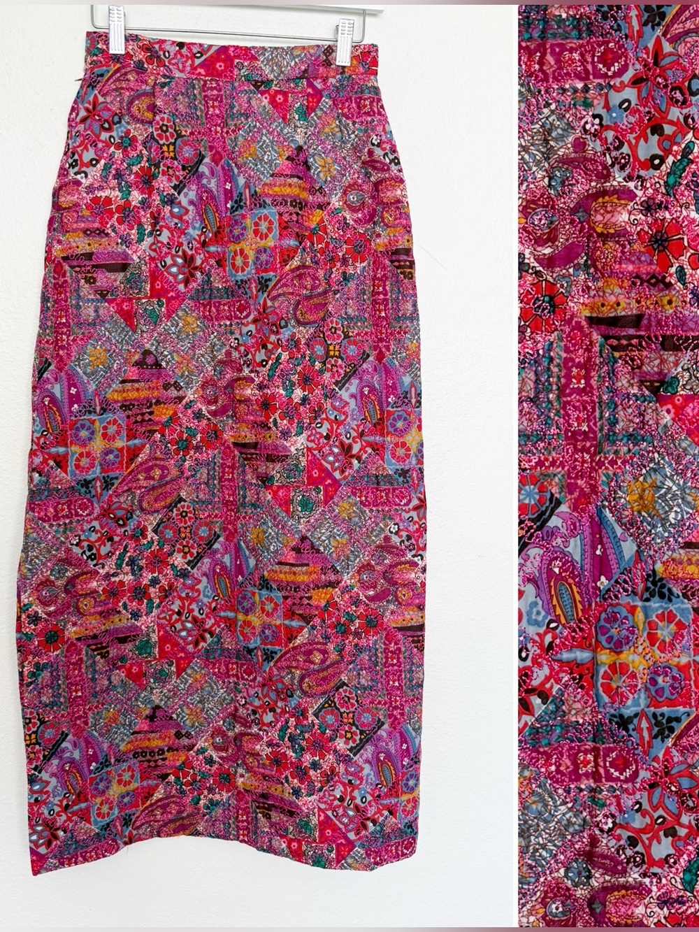 Vintage 70s Handmade Patchwork Quilt Print Boho Midi Skirt XS